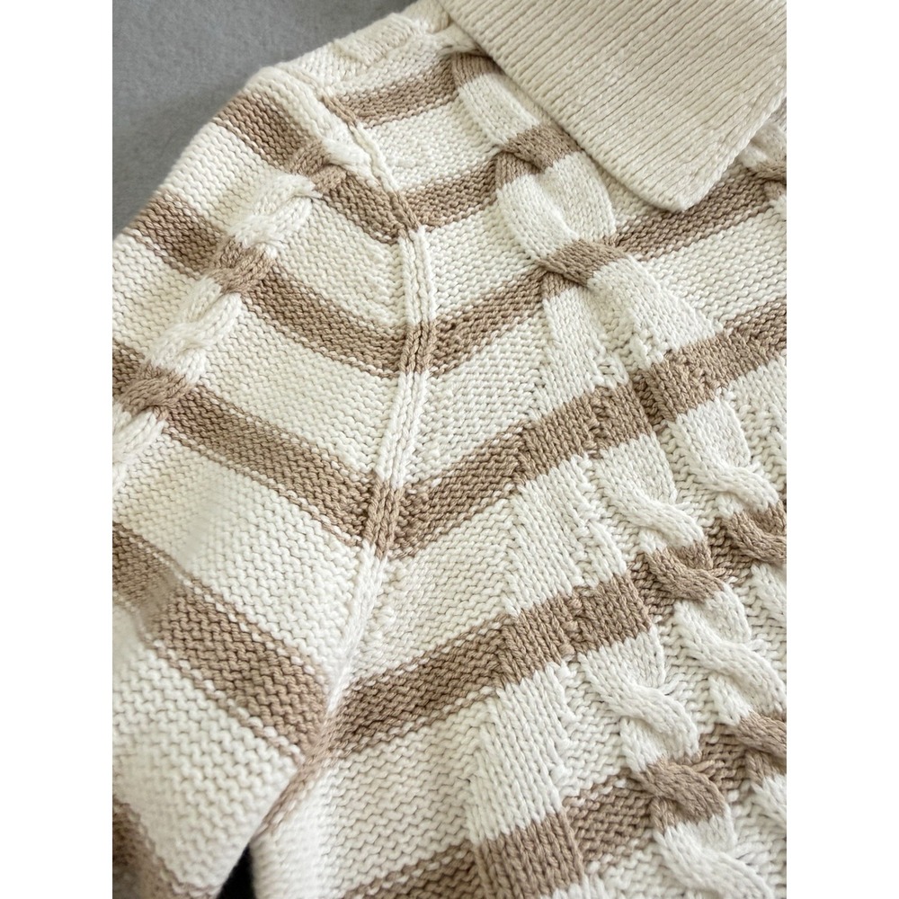Talbots Striped Cable Knit Collared Cardigan Cream Tan Button Sweater M - Picture 3 of 9
